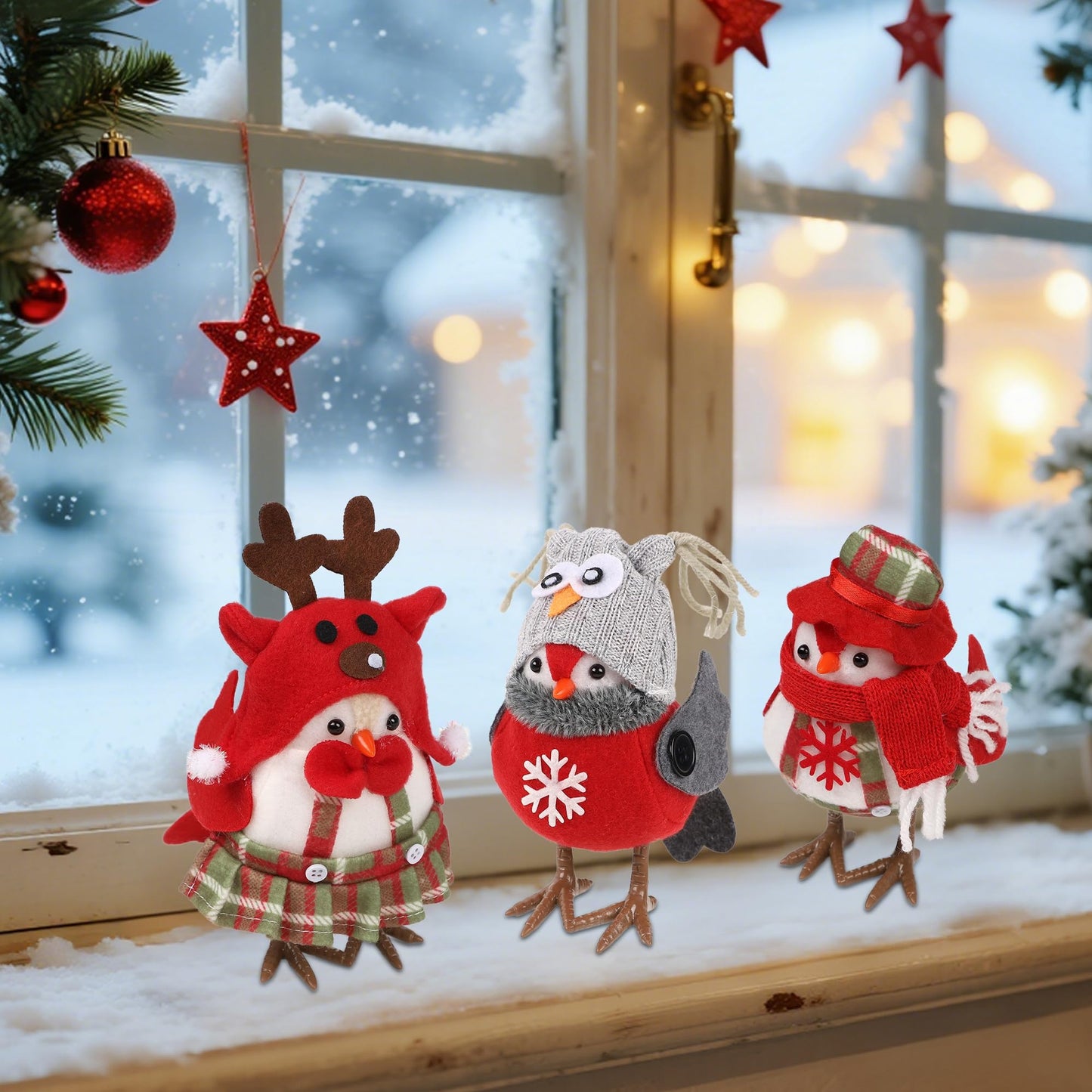 Cllayees 3 Pack 6 Inch Christmas Table Decorations - Small Bird Figurines, Red Cute Xmas Ornaments for Table Top, Desktop, Mantel, Kitchen Decor, Holiday, Winter Party Gifts