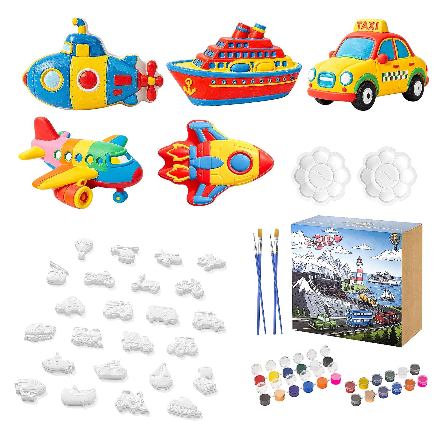 GloomGlo 24 Pcs Transportation Theme DIY Ceramic Painting Kit,Unpainted Plaster Vehicles Arts and Crafts with Complete Paint Set, Brushes & Palettes for Kids and Adults, Children Birthday Gifts