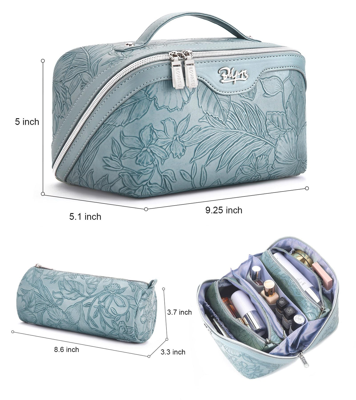 BOYATU Travel Makeup Bags Cosmetic Organizer Bag: 3 Pcs Set Large Capacity Floral Make up Bag with Compartments - Waterproof Leather Toiletry Bags with Handle for Women (01-Light Blue)