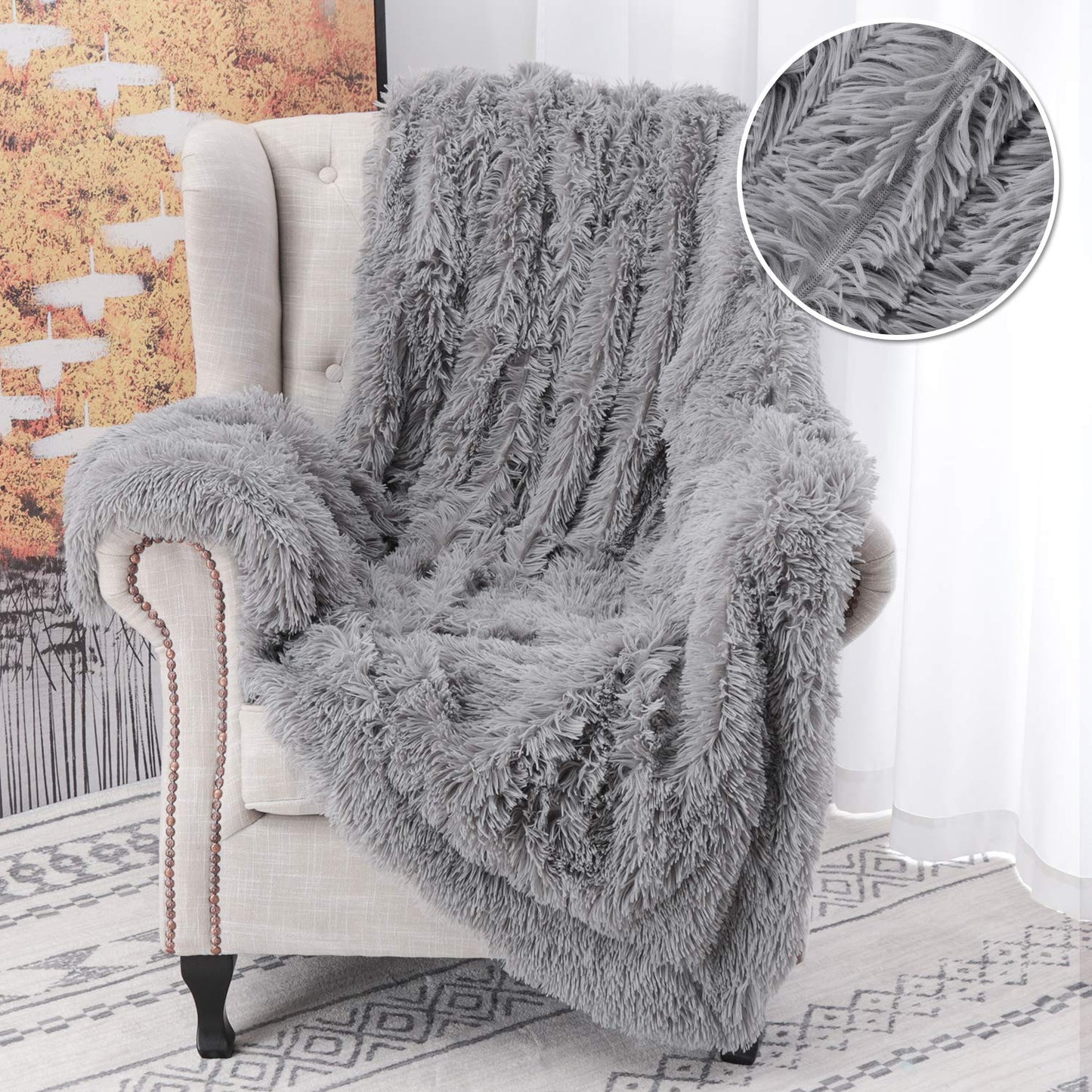 YOH Warm Shaggy Sherpa Reversible Throw Blanket, Fluffy Soft Long Hair Fuzzy Faux Fur Grey Blanket for Man and Woman Couch Bed Sofa Photo Props Home Decorative Throws, (60x50 Inches) Grey