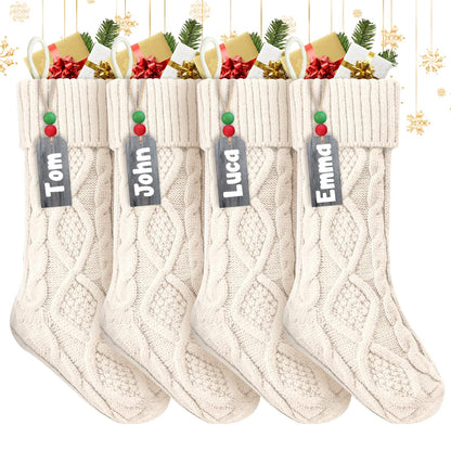 ZIFTY Personalized Christmas Stockings Bulk with Names Set of 4 18 Inches White Knitted Xmas Stockings Soft Warm Double-Sided Classic Decoration for Family Holiday Party Christmas Ornaments (Ivory)