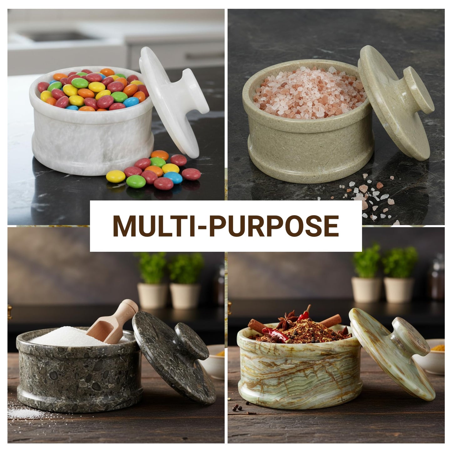 UrbanFocal Marble Salt Cellar with Lid 3.5" Inch Verona Salt Box, Seasoning Container & Spice Jars, Stone Salt Holder for Counter, Spice Jar, Verona