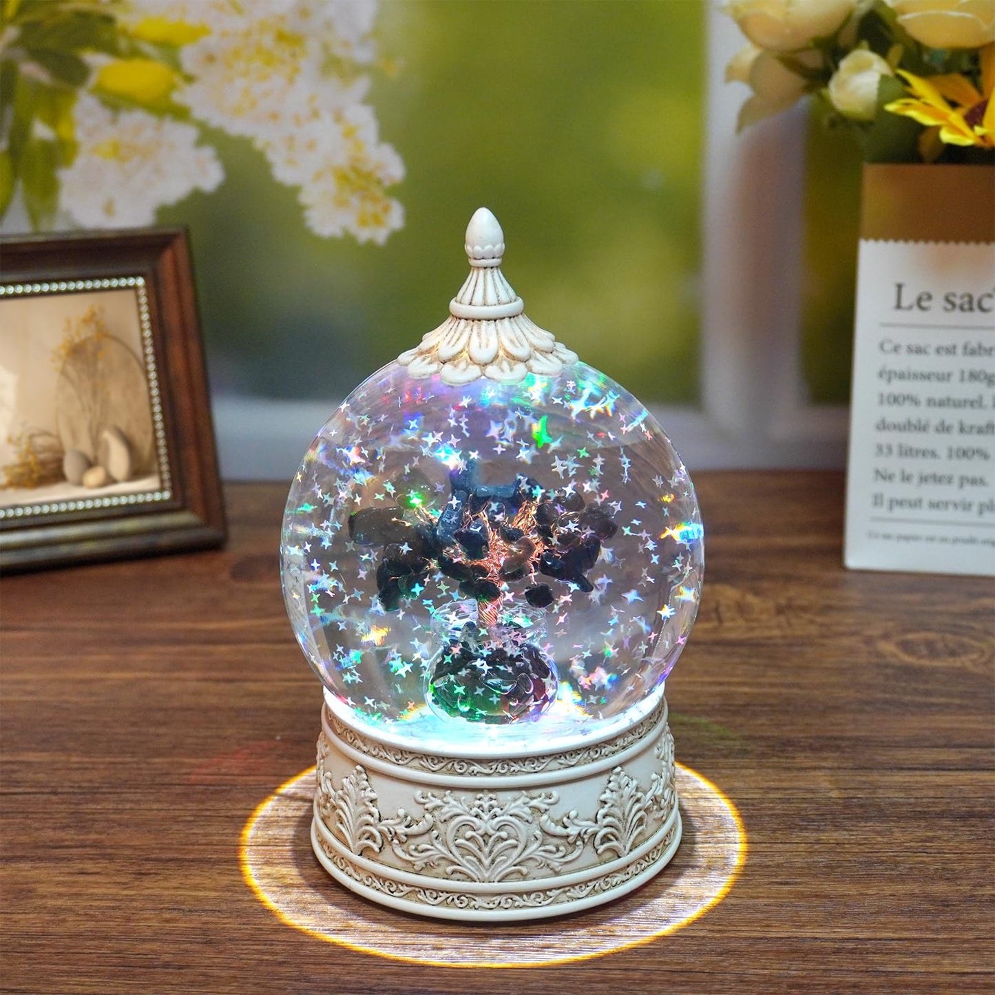 Obsidian Healing Crystal Tree Globe with Colorful Lights and Sparkling Glitter, Natural Gemstone Base, Spiritual Meditation, Positive Energy Good Luck, Home Decor, Birthday Gifts (Obsidian)