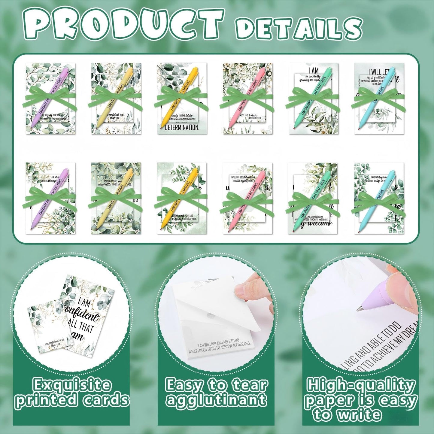 Maitys 24 Sets Thank You Teacher Appreciation Gift for Women Employee Positive Affirmation Gift Inspirational Sticky Note Greeting Cards Pen Ribbon Motivational Notepad for Coworker Office(Eucalyptus)