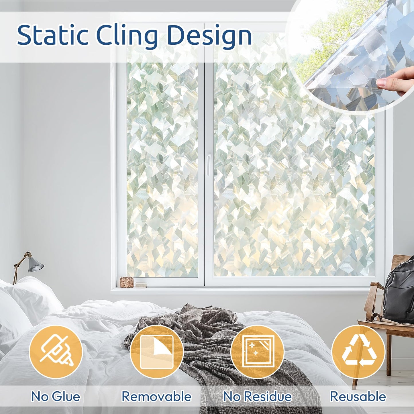 rabbitgoo Window Privacy Film, 3D Decorative Stained Glass Static Cling Door Covering Sun Blocking Removable Vinyl Sticker, Crystal Icicles 17.5 in X 13.1 Feet