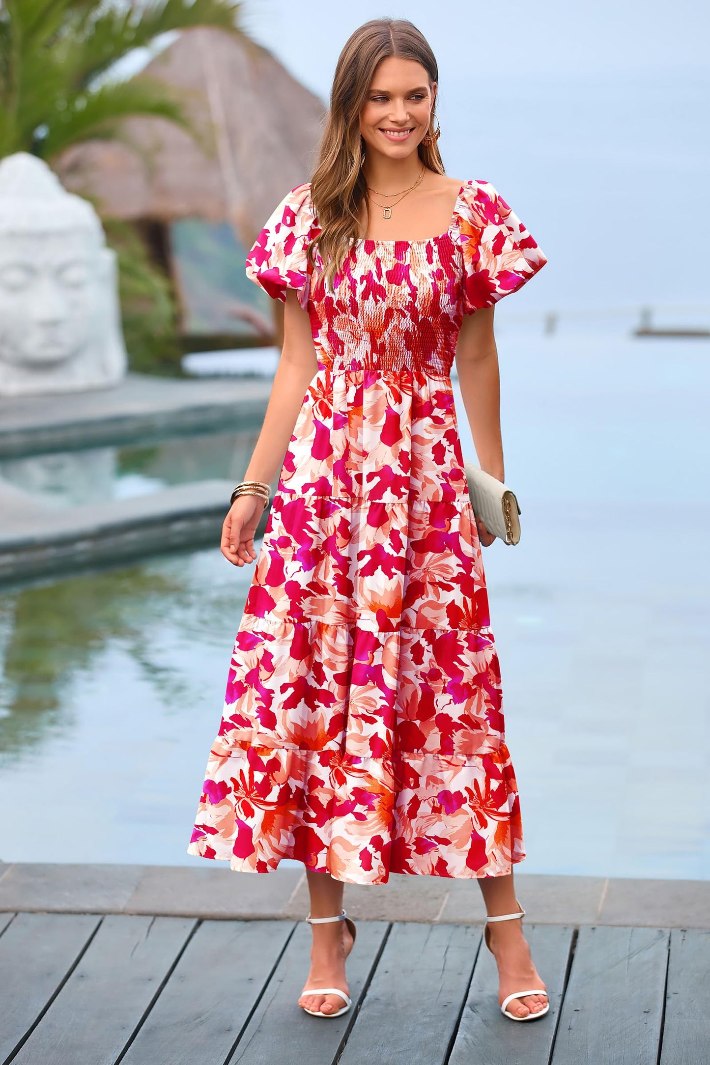 PRETTYGARDEN Women's Casual Summer Midi Dress Puffy Short Sleeve Square Neck Smocked Tiered Ruffle Dresses (Floral Red,Medium)