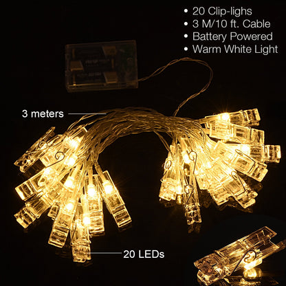 AOSTAR Tonver 20 LED Photos Clips String Lights (10ft. Warm White) Battery Operated Fairy String Lights for Bedroom Hanging Photos, Cards and Artworks