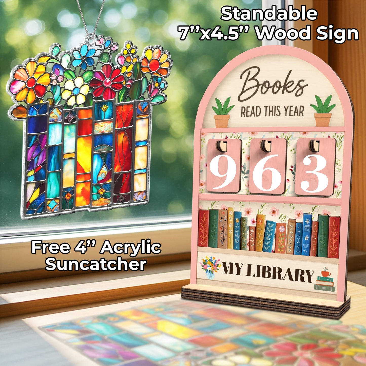 Pink Books Read This Year Counter, Reading Tracker Sign for Home Library Decor, Book Suncatcher Ornament, Book Lover Gift for Librarian, Reader, Teacher, Women, Floral Bookshelf Accessories FF812