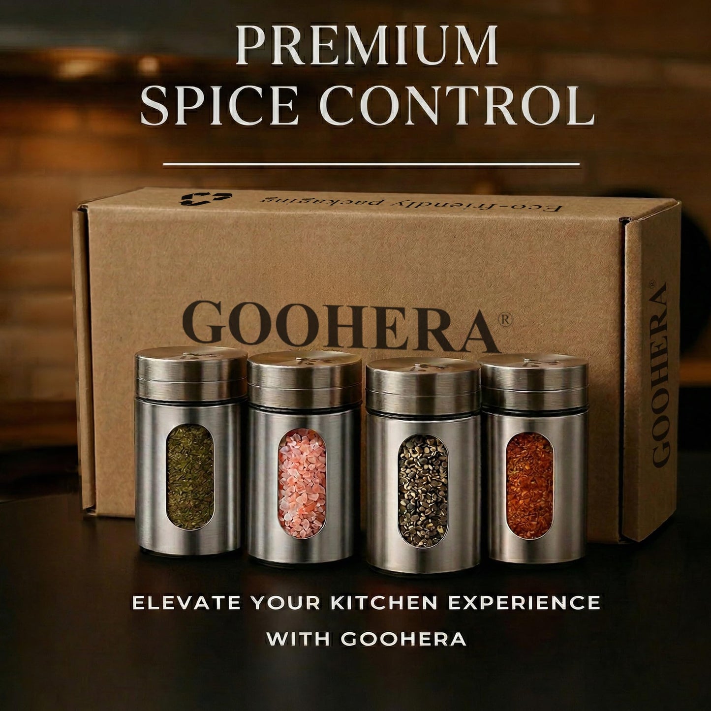 GOOHERA 4-Piece Salt and Pepper Shakers Set, 100mL (3.38oz) Each – Premium Stainless Steel Spice Dispensers with Adjustable Pour Holes – SILVER
