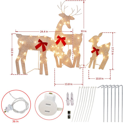 Twinkle Star 3 Pack Tinsel Reindeer Family Lighted 2D Deer Christmas Decor, with Clear 60 Count Lights, Light Up Buck, Doe and Fawn Indoor or Outdoor Yard Lawn Festive Holiday Decoration