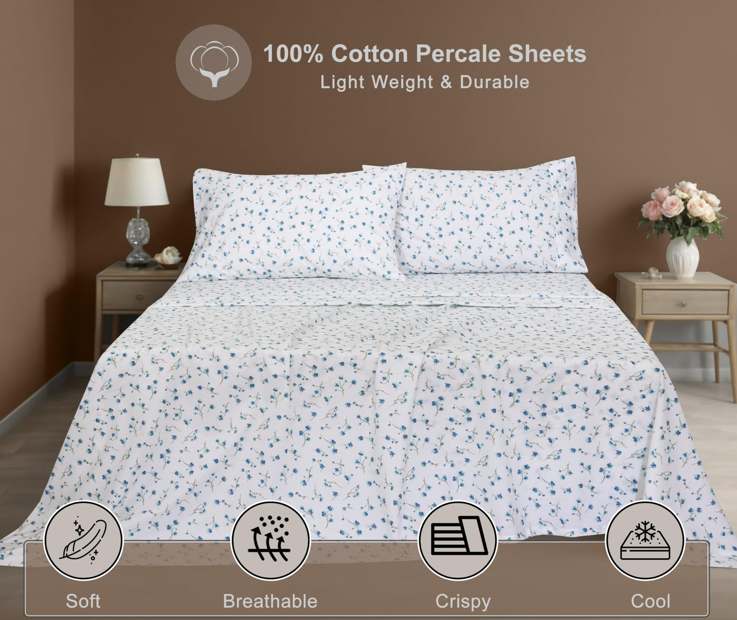 ZOYER 100% Cotton Sheets – Full Size Percale Bedding, Cooling & Breathable, Durable with a Crisp, Soft & Comfortable Feel, 16" Deep Pocket, 4-Piece Set, La Laa Flower
