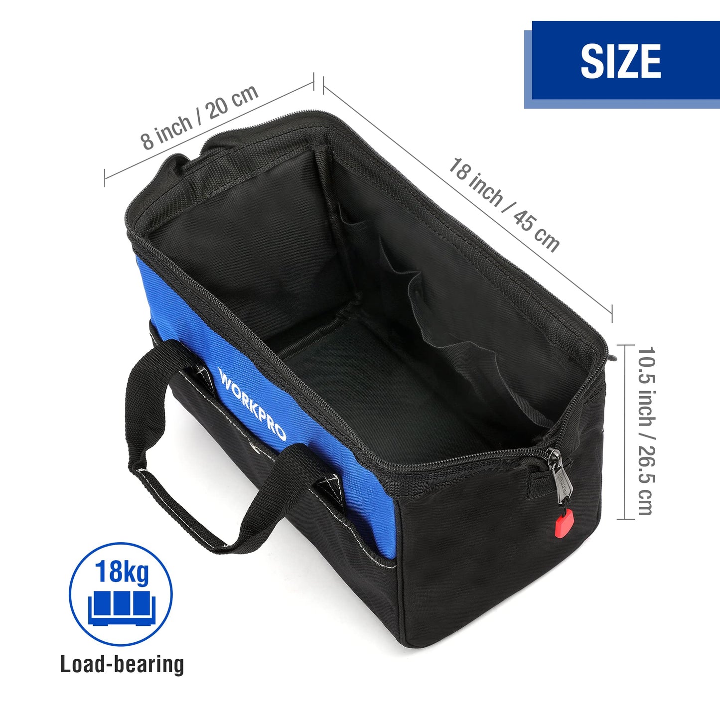 WORKPRO 18-inch, Large Heavy Duty Tool Bag Organiser, Multi-Purpose Wide Open Mouth Storage Bag, Waterproof Electricians Tool Bag with Adjustable Shoulder Strap