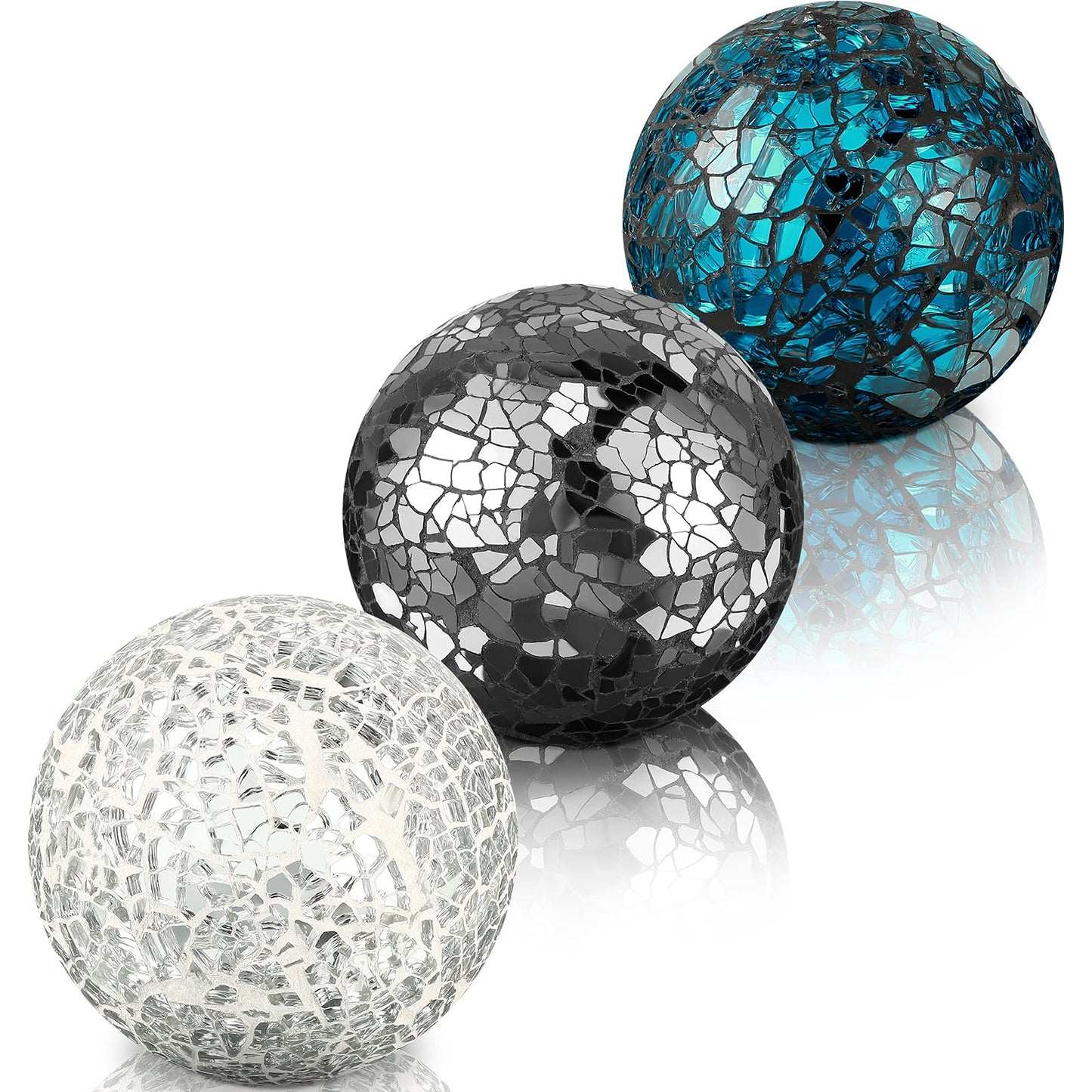 Cunhill 3 Pieces Decorative Glass Balls 3 Inch Mosaic Glass Orbs Sphere Centerpiece Balls Decorative for Bowls Vases Dining Tables Wedding Party (Silver,Turquoise,Black)