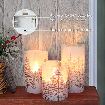 REVELBUNNY Christmas Tree Flameless Candles, Flickering Battery Operated LED Candles with Remote Timer, Snowflake Iced Glass Pillar Candles for Holiday Party Home Decoration Christmas Gifts, Set of 3