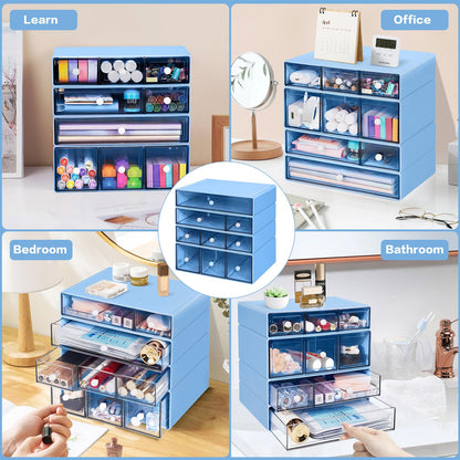 FODIENS Desk Storage Organizer with 9 Drawers, 4 Tiers Stackable Desktop Craft Storage Drawers, Clear Storage Box Caddy for Stationary Makeup Jewelry Office Craft Supplies (Blue)