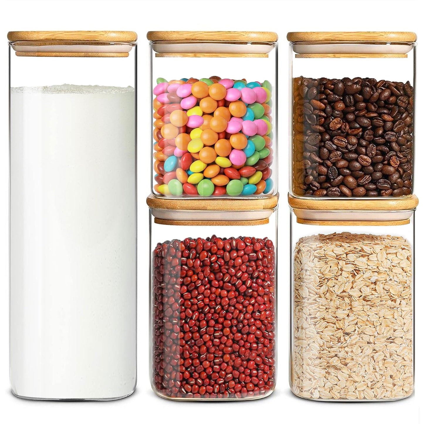 Glass Storage Containers with Airtight Bamboo Lids Muti Size Set of 5,Pantry Food Glass Jar with Lid,Perfect for Kitchen Organization-Nuts,Flour, Rice, Pasta, Sugar, Coffee Beans, Accessories Included