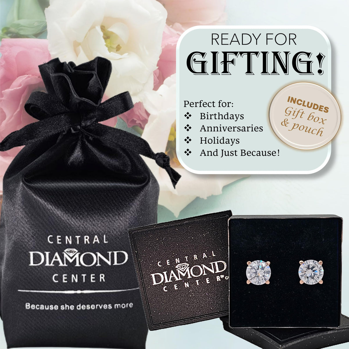 Central Diamond Center 14K Solid Gold Post & Sterling Silver 4 Prong CZ Stud Earrings - Rose Gold Plated - 8.50mm - 5.00cttw