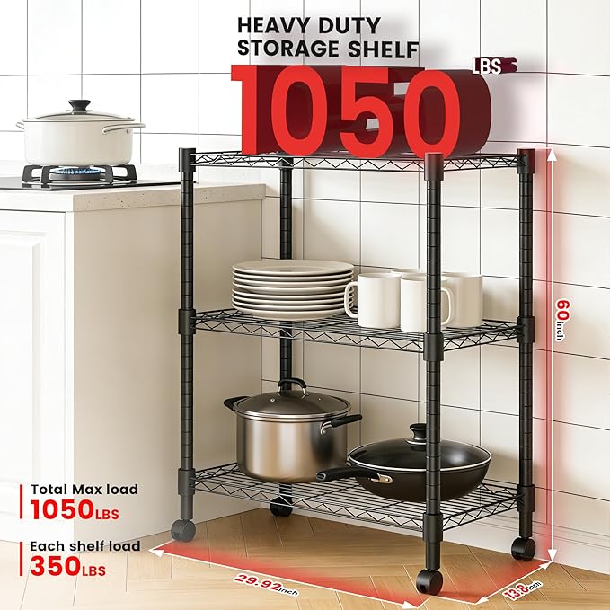 Xcity Storage Shelves, 3 Tier Heavy Duty Metal Shelving Unit with Wheels, 1050 LBS Capacity Adjustable Steel Wire Shelf Organizer for Pantry, Kitchen, Garage, 14" D x 24" W x 30" H, Black