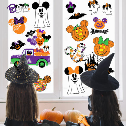 Mouse Themed Halloween Window Decals - 9 Sheets of Removable Pumpkin & Ghost Stickers for Glass Windows