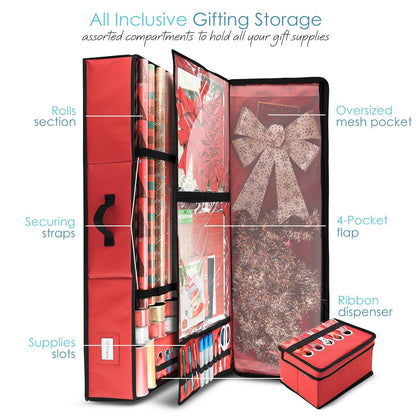 Hearth & Harbor Wrapping Paper Storage Container - Christmas Storage Bag with Ribbon Dispenser and Interior Pockets - Gift Wrap Organizer Fits Up to 26 Rolls of 40" Length, Red
