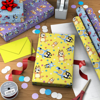 Hallmark Bluey Wrapping Paper Rolls for Kids (3 Rolls: 60 Sq. Ft. Total) Purple, Blue and Yellow Gift Wrap for Birthdays, Christmas, Valentine's Day