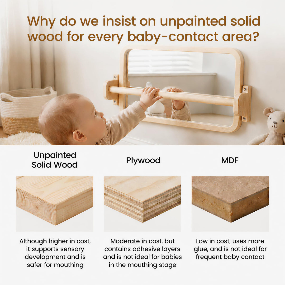 Woodtoe Montessori Mirror with Bar, Adjustable Tummy Time Floor Mirror, Baby Pull to Stand Toys, Natural Unpainted Solid Wood Frame, Baby Pull Up Bar, Developmental Toys for Nursery (Small Size)