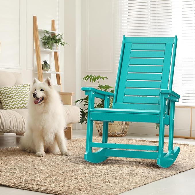 GREENVINES Outdoor Rocking Chairs | Set of 2 | Porch Rocker | HDPE Plastic | Aqua | Oversized Rockers | High Back | Big & Tall | Ladder Back | for Patio Outside Backyard Balcony Garden