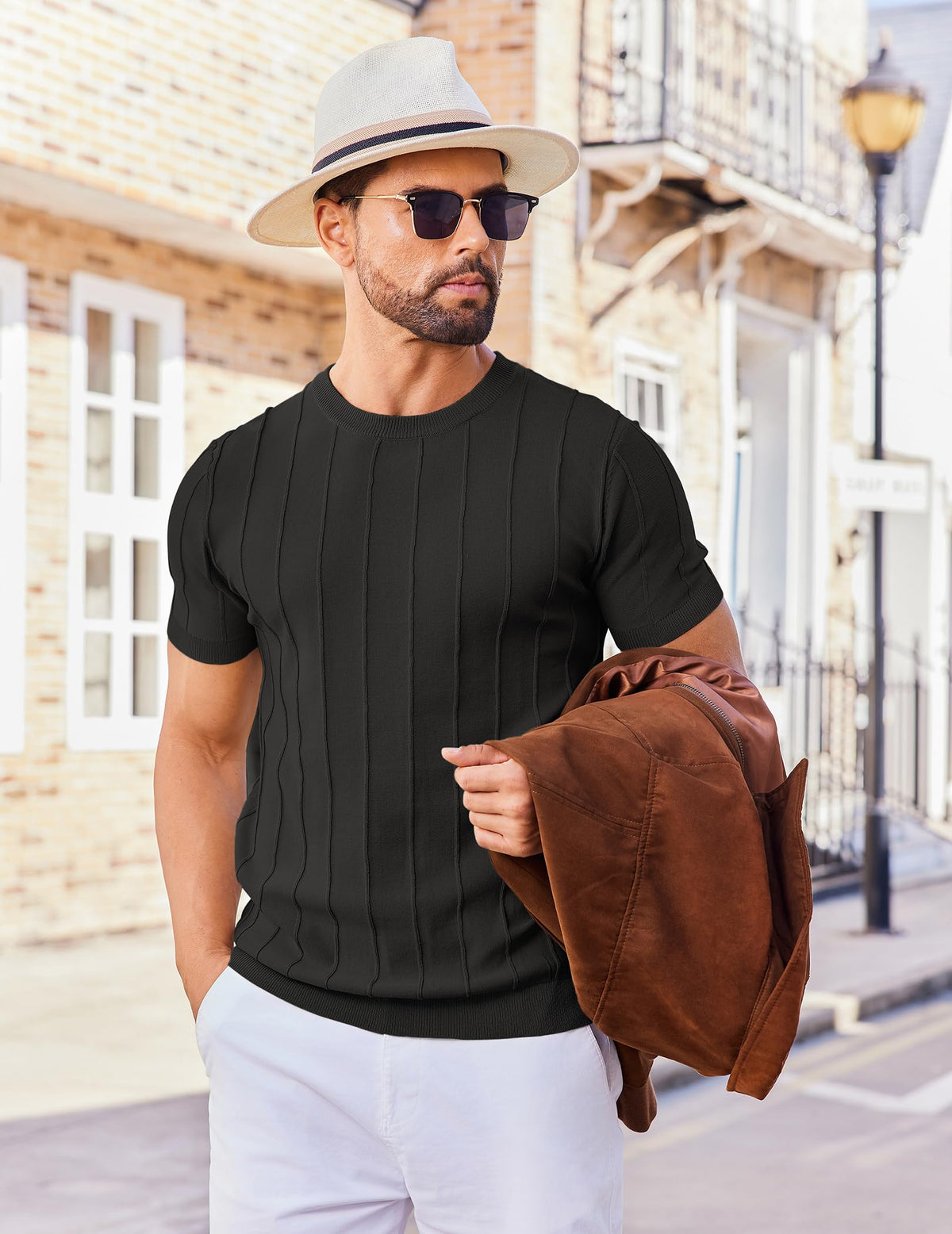 COOFANDY Mens Knit Shirt Casual Short Sleeve Crew Neck T Shirts Ribbed Summer Shirts Slim Fit Black