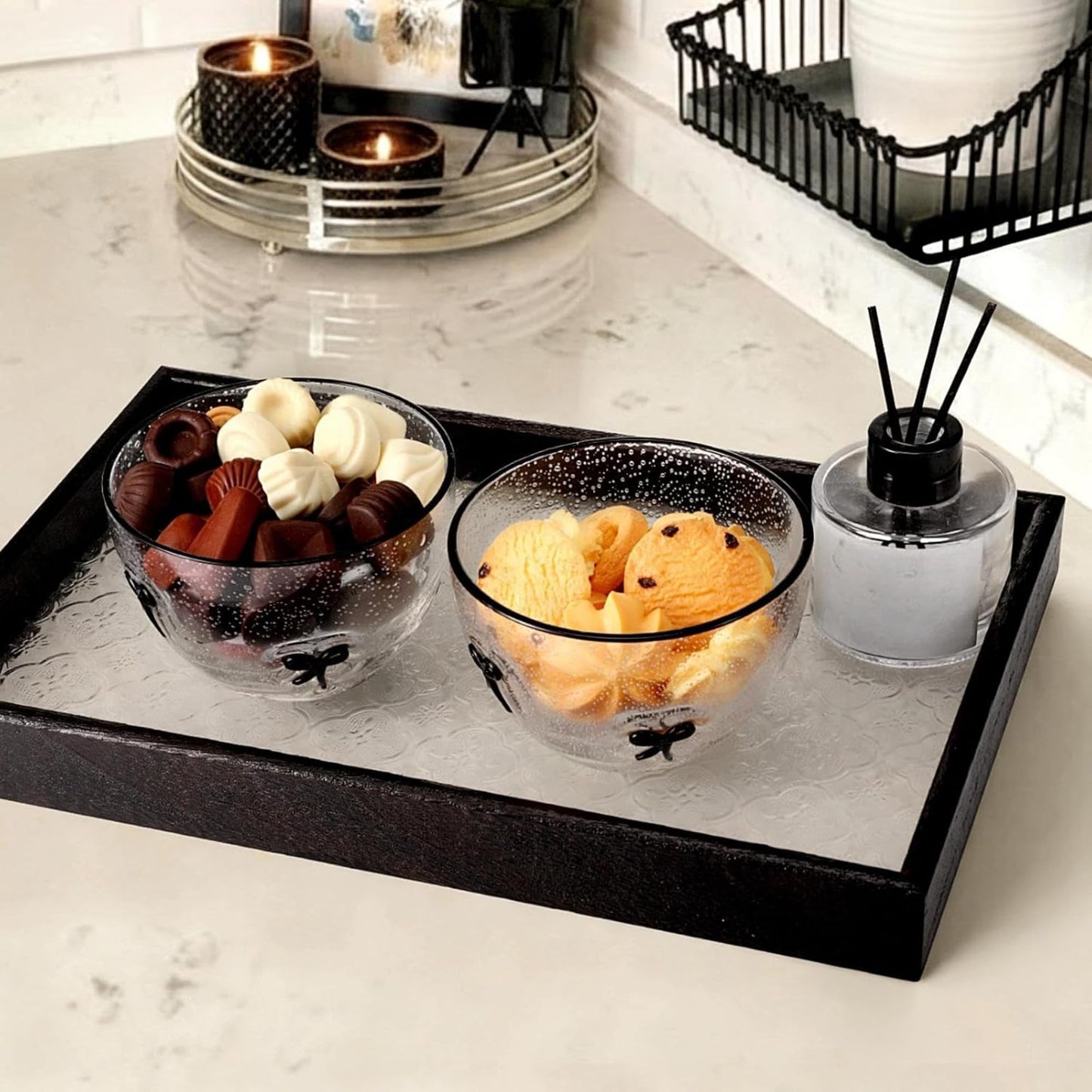 Potchen 2 Pcs Bow Glass Bowls, 14 Oz Decorative Glass Dessert Bowls with Black Bow Design Coquette Room Decor Aesthetic Candy Fruit Serving Bowl for Vanity Coffee Table Kitchen Counter