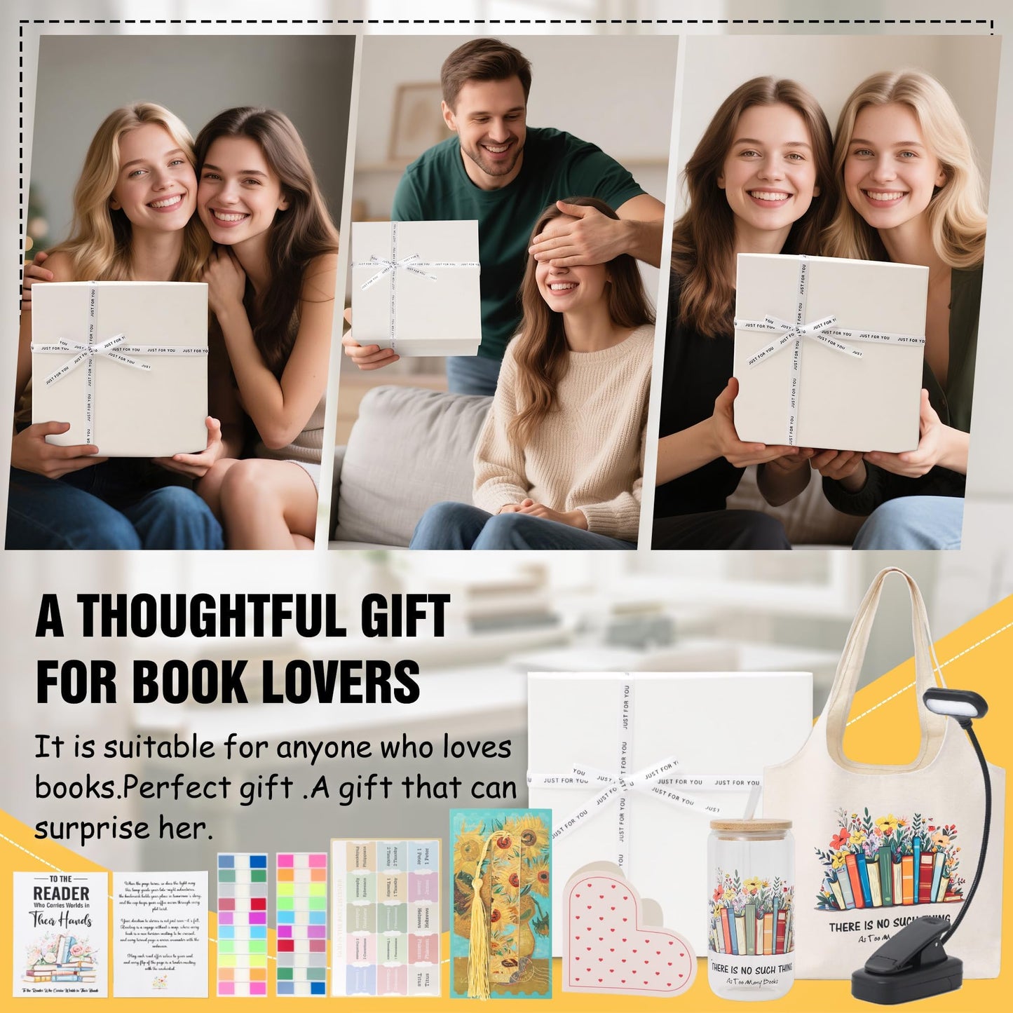 ZHSHWAT Book Lovers Gifts Set for Women - 10PCS Luxury Reading Gift Box with Reading Light & Tote, Book Club Birthday Christmas Gifts for Bookworm Readers