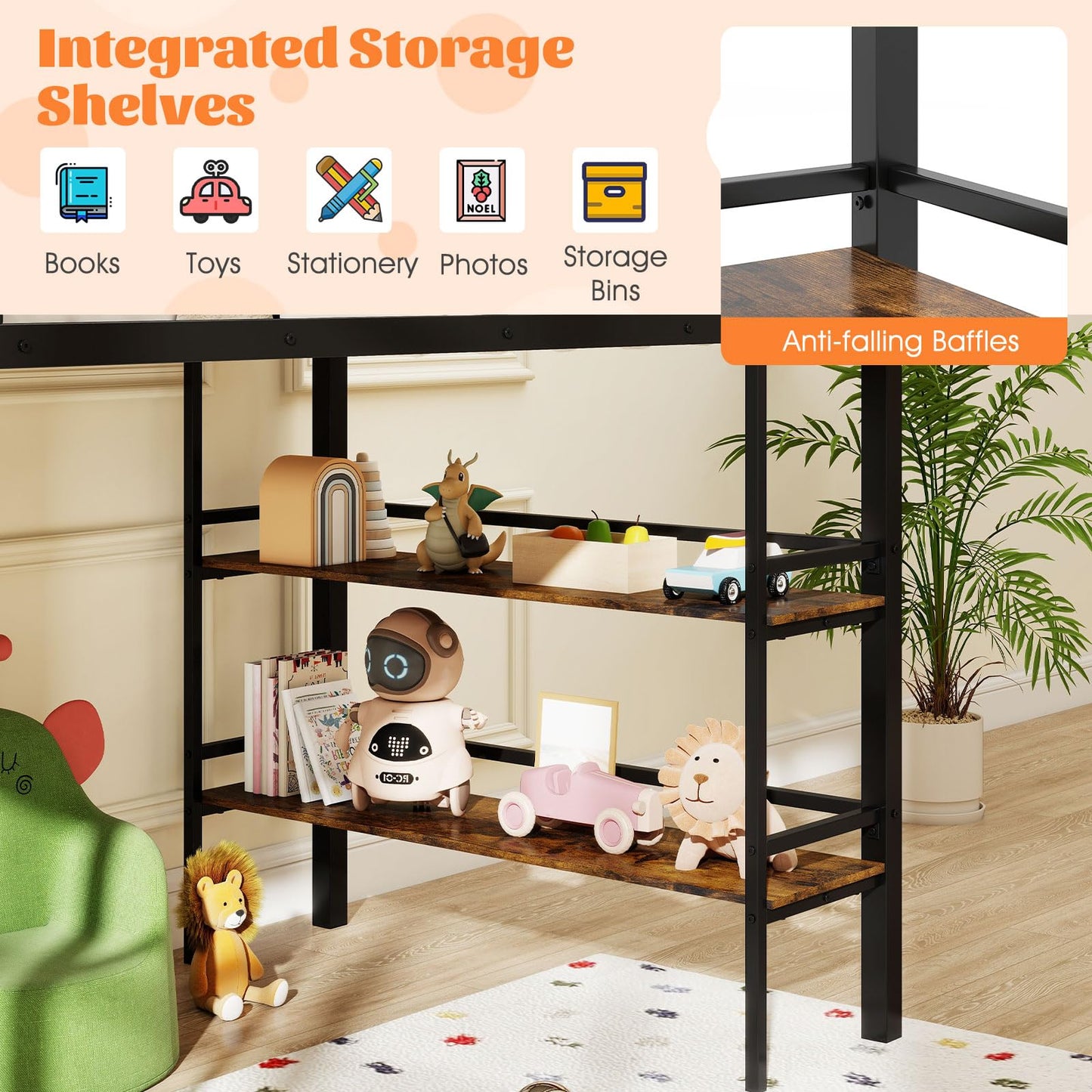 Giantex Low Loft Bed Twin Size, Heavy Duty Metal Frame w/Storage Shelves, Ladder & Full-Length Guardrails, Ample Under-Bed Space, Kids Loft Bed with Stairs for Boys Girls Junior, No Box Spring Needed