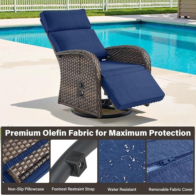 Belord Dual-Adjust Swivel Outdoor Recliner Chair Set of 3 - Reclining Patio Chair with Adjustable Backrest and Footrest, All-Weather Wicker Chaise Lounge Outdoor with Side Table for Pool Deck Brown