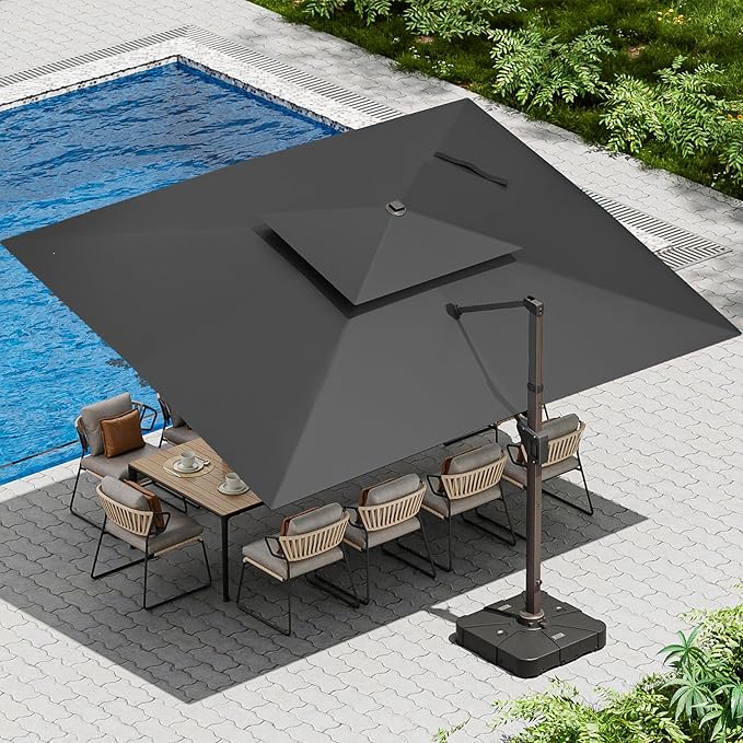 10 X 13 FT Cantilever Patio Umbrella with Led Lights and Base Included Outdoor Heavy Duty Double Top Rectangle Offset Umbrellas with 360-degree Rotation for Pool Deck Backyard, Grey