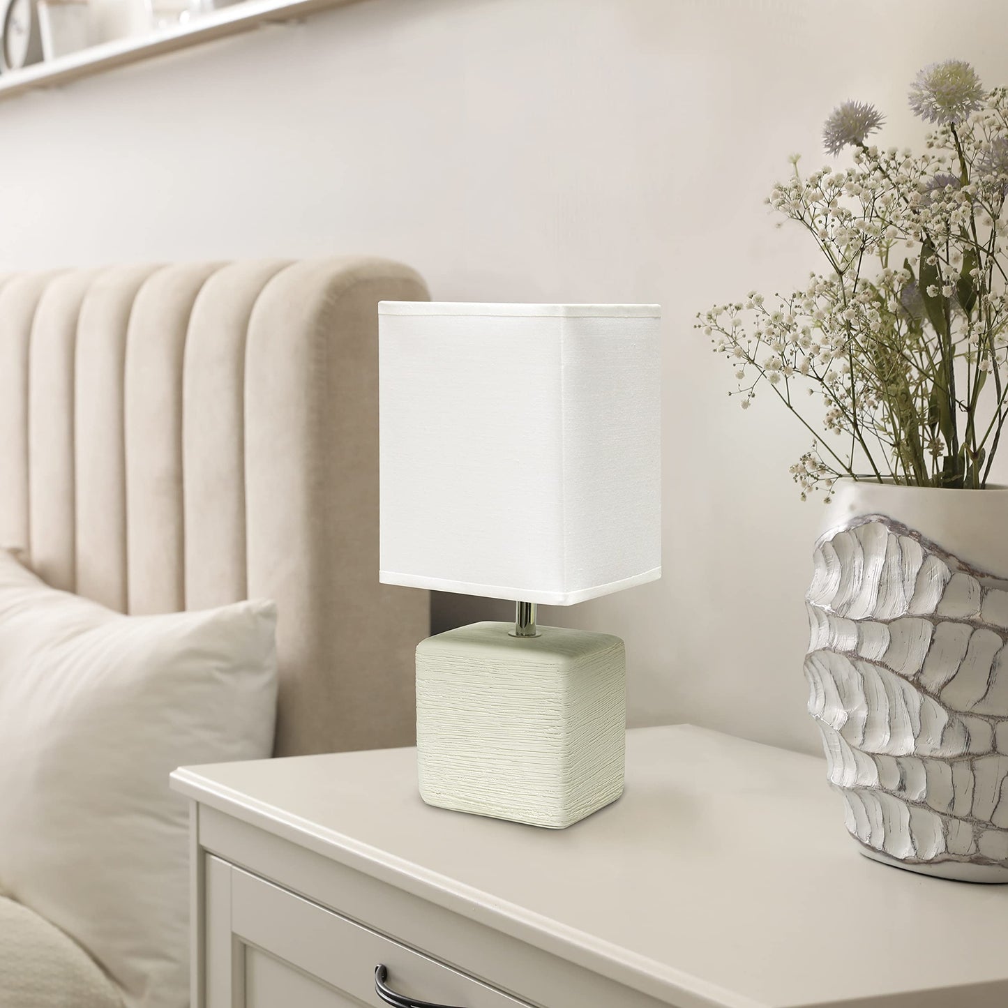 Simple Designs LT2072-OFF Petite Faux Stone Table Lamp with Fabric Shade, Off White with White Shade