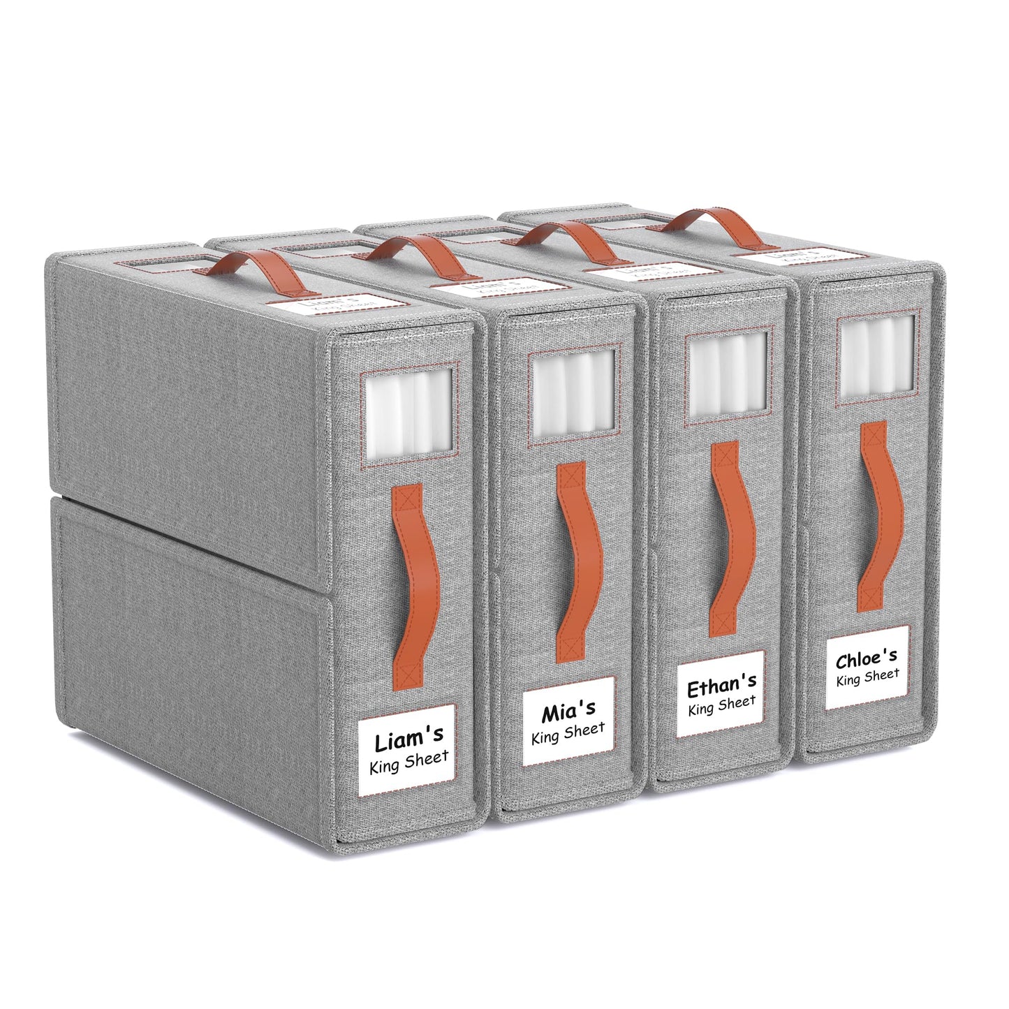 Joymeezo 4 Pack Bed Sheet Organizers and Storage(King &Queen Size) with an Elastic Strap, Foldable Closet Linen Sheet Storage Container, Sheet Set Box for Blankets, Duvet Covers and Pillowcase, Grey