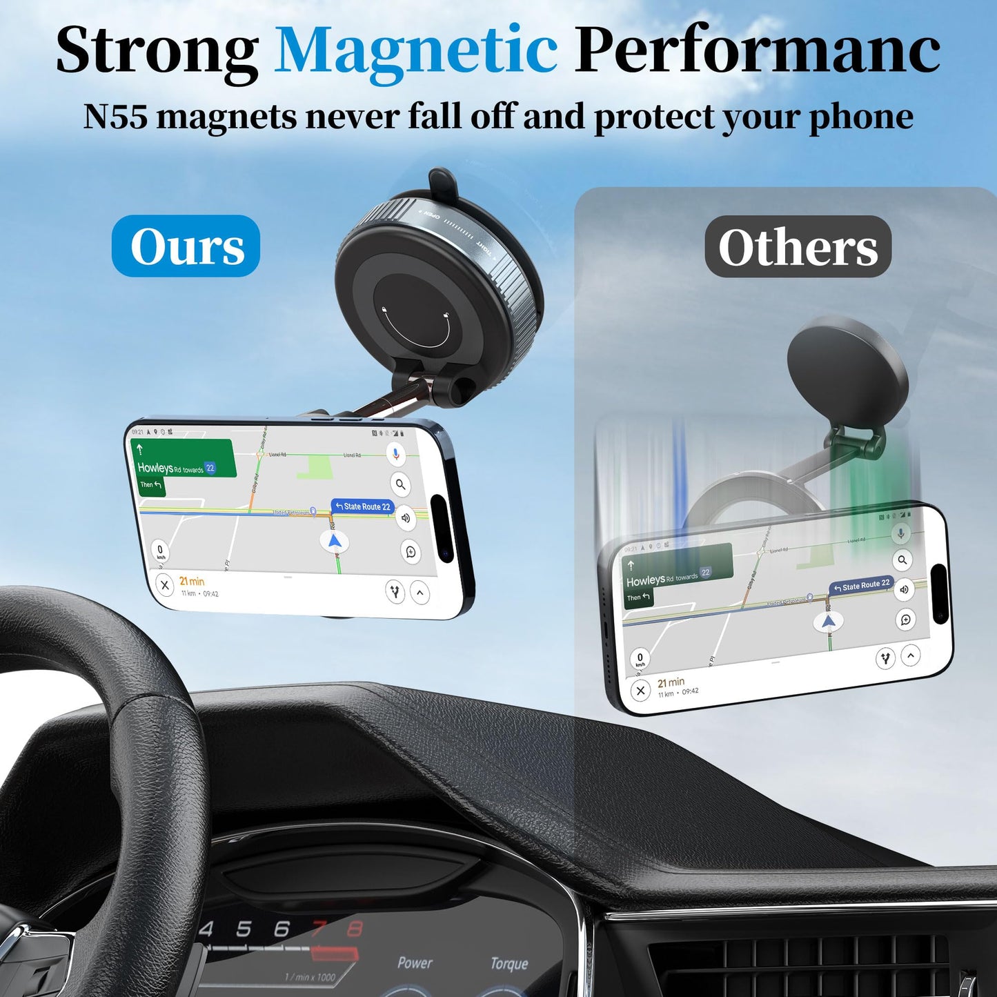 PlusAcc Vacuum Magnetic Phone Holder for Car - Suction Phone Mount 360°Rotatable Foldable Portable Strong Magnet Stand for iPhone17/16/15/14/13/12 Pro/Pro Max on Mirror, Smooth Surface, Windscreens