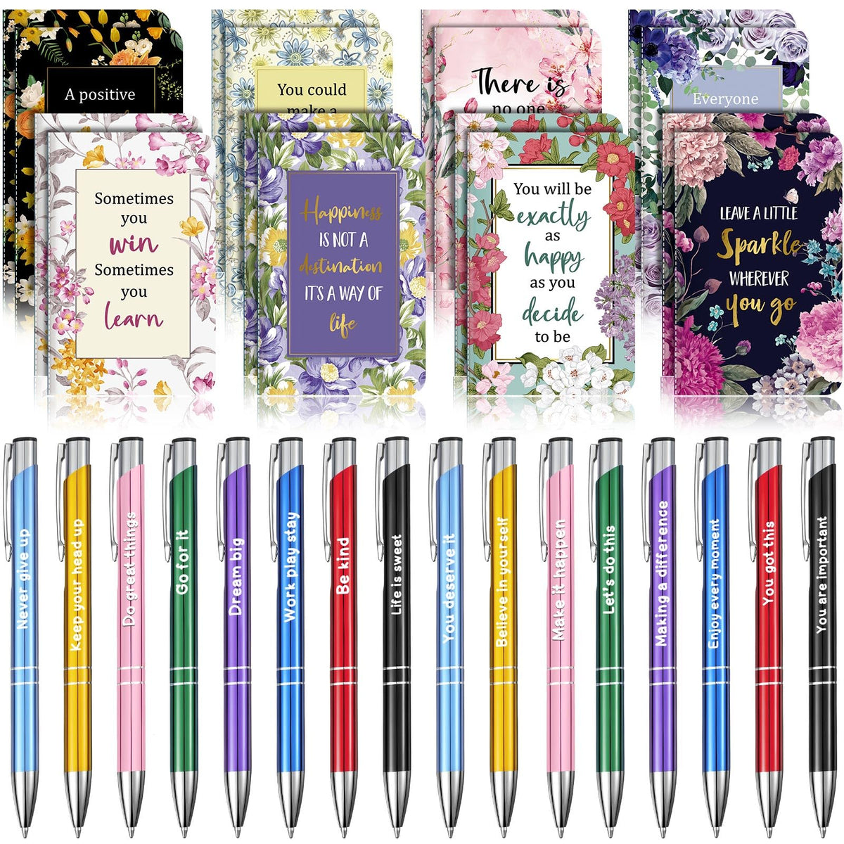 Funrous 32 Pcs Motivational Quote Pens Inspirational Notepads Mini Journal with Ballpoint Pen Small Notebooks Gift Set for Men Women Coworkers, Adult Party Favors Christmas Prizes Gift(Motivational)