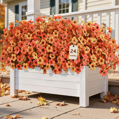 Alupssuc 24 Bundles Autumn Artificial Flowers Outdoor Decorations, Silk Violet Plastic Fake Flower Plants for Hanging Baskets Garden Porch Window Home Vases Wedding Farmhouse Decor, Orange and Red