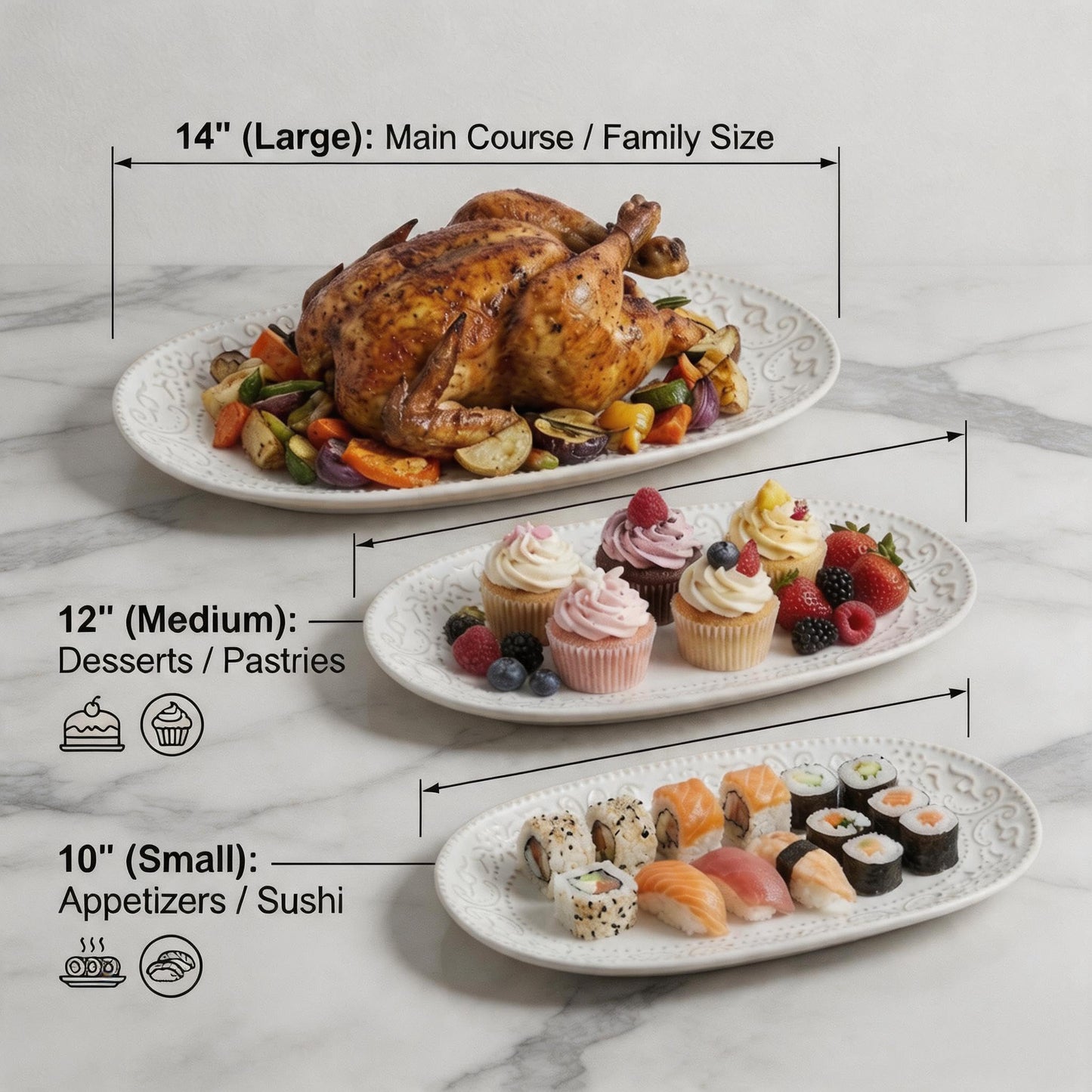 Feenmai Serving Platters Set, 14"/12"/10" Oval Ceramic Serving Plates, Embossed Serving Trays for Party, Oven Dishwasher Safe, Vintage White Serving Dishes for Entertaining, Appetizers, Pasta, Sushi