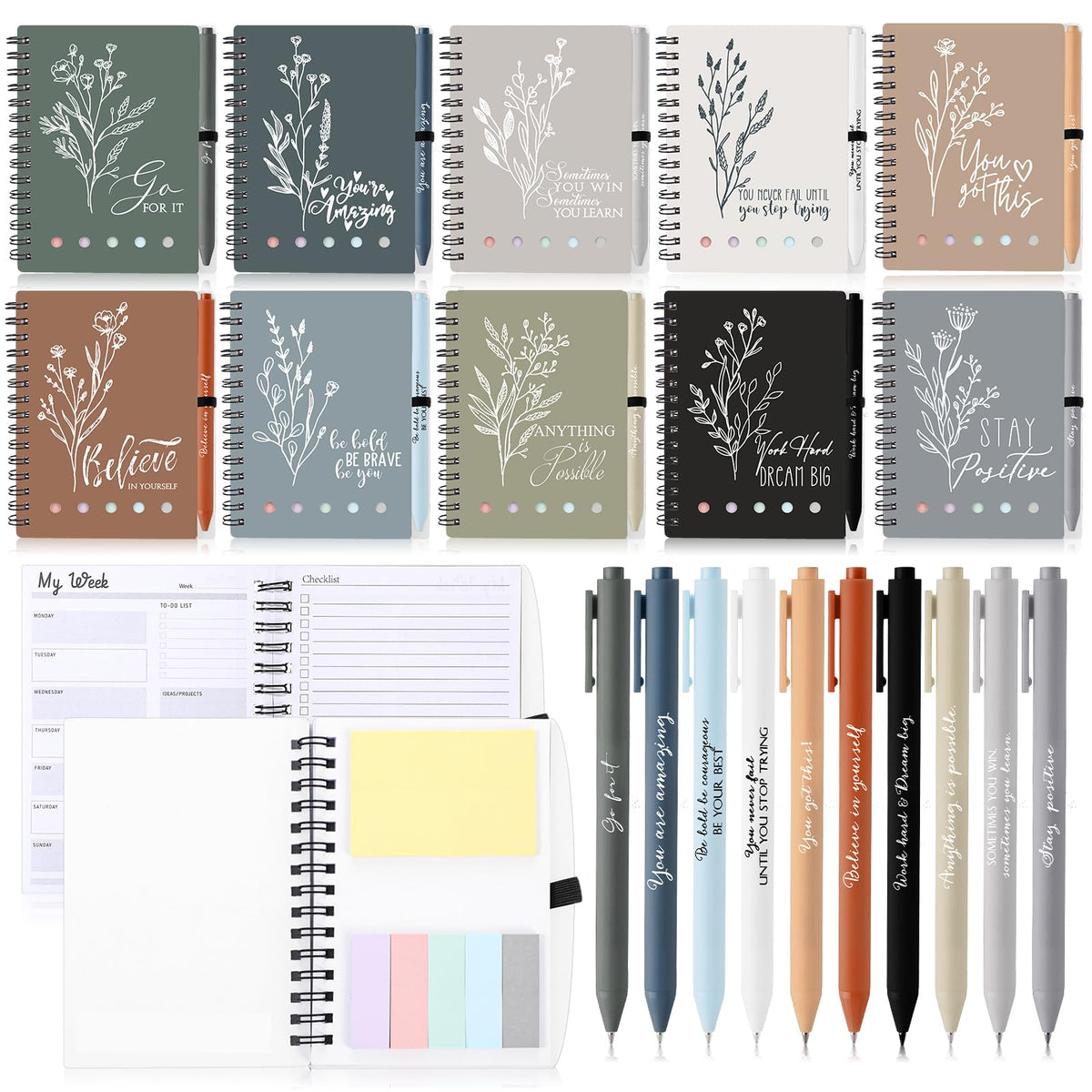 Dispowreath 20 Sets/40 Pcs Employee Appreciation Gifts Bulk A6 Inspirational Journal with Ballpoint Pen and Sticky Note Thank You Notebook for Staff Student Teacher Coworker(Boho Color)