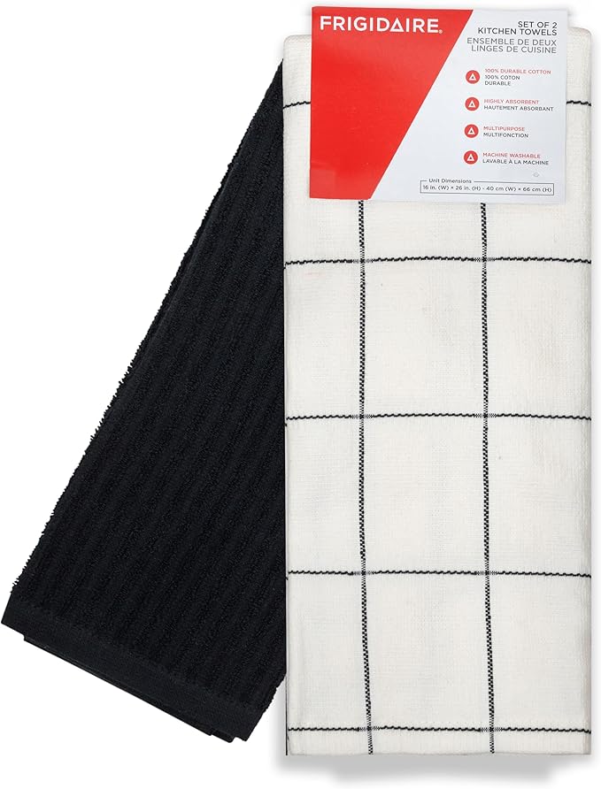 Frigidaire Carmen 2-Piece Cotton Kitchen Towel Set-Black and Square Print