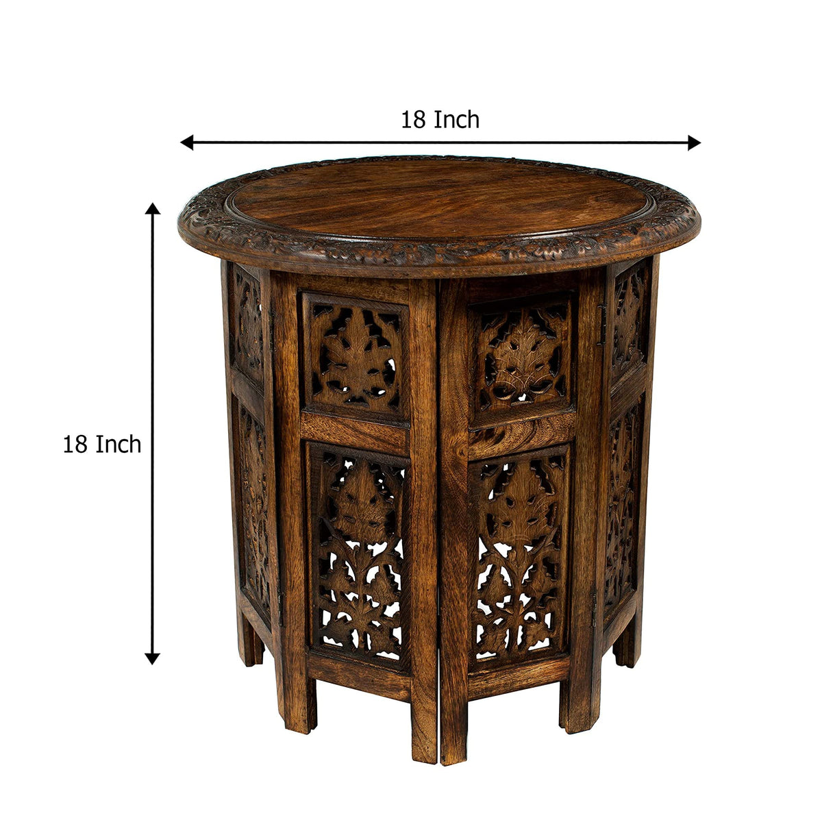 Solid Wood Accent End Table - Hand Carved Vintage Boho Folding Side Table - Small Spaces Entryway Farmhouse Living Room Bedside - No Tools Assembly -18x18 Round - Jaipur Antique Brown -Cotton Craft