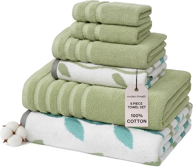 Modern Threads Organic Vines 6-Piece 100% Cotton Towel Set – Yarn Dyed Jacquard
