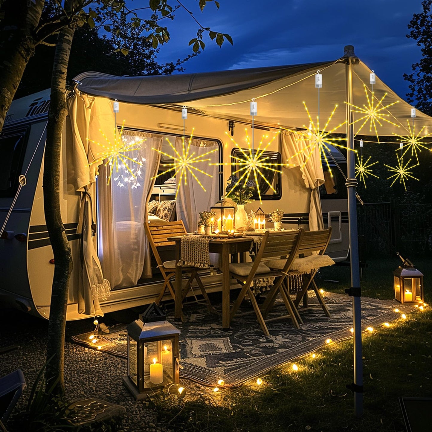 Tiandirenhe Hanging Starburst Light,112 LED Firework Fairy Starburst String Lights Hanging Star Lights with Remote, 8 Lighting Modes Operated, Starry Light for Garden Party Christmas (Warm White)
