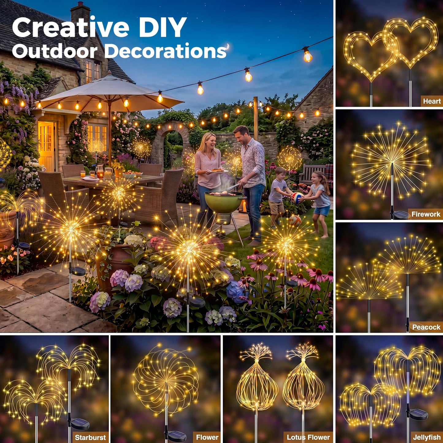 btfarm 2 Pack Solar Garden Lights Outdoor 8 Modes, 120 LED Firework Lights Solar Powered, Waterproof Twinkle Fairy Light Outside for Yard Pathway Lawn Pool Patio Christmas Decorative, Warm White