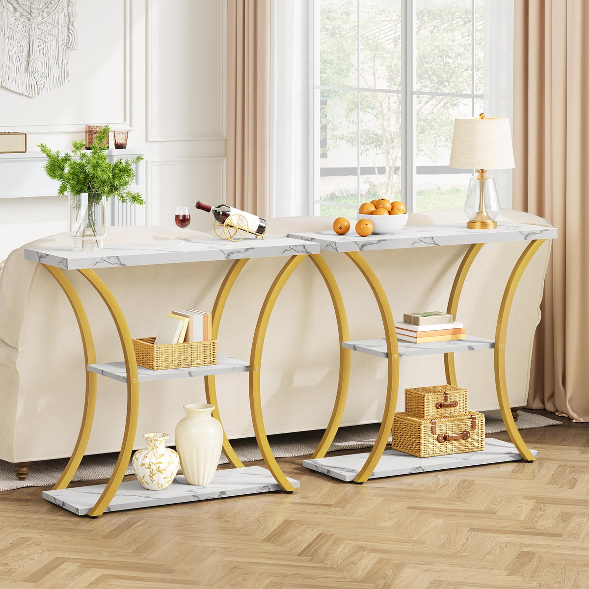 Hoctieon 3 Tier Console Table with Open Wood Shelves, Decorative Entryway Table with Curved Metal Frames, Narrow Sofa Table for Entrance, Living Room, Hallway, Gold and White Marbled
