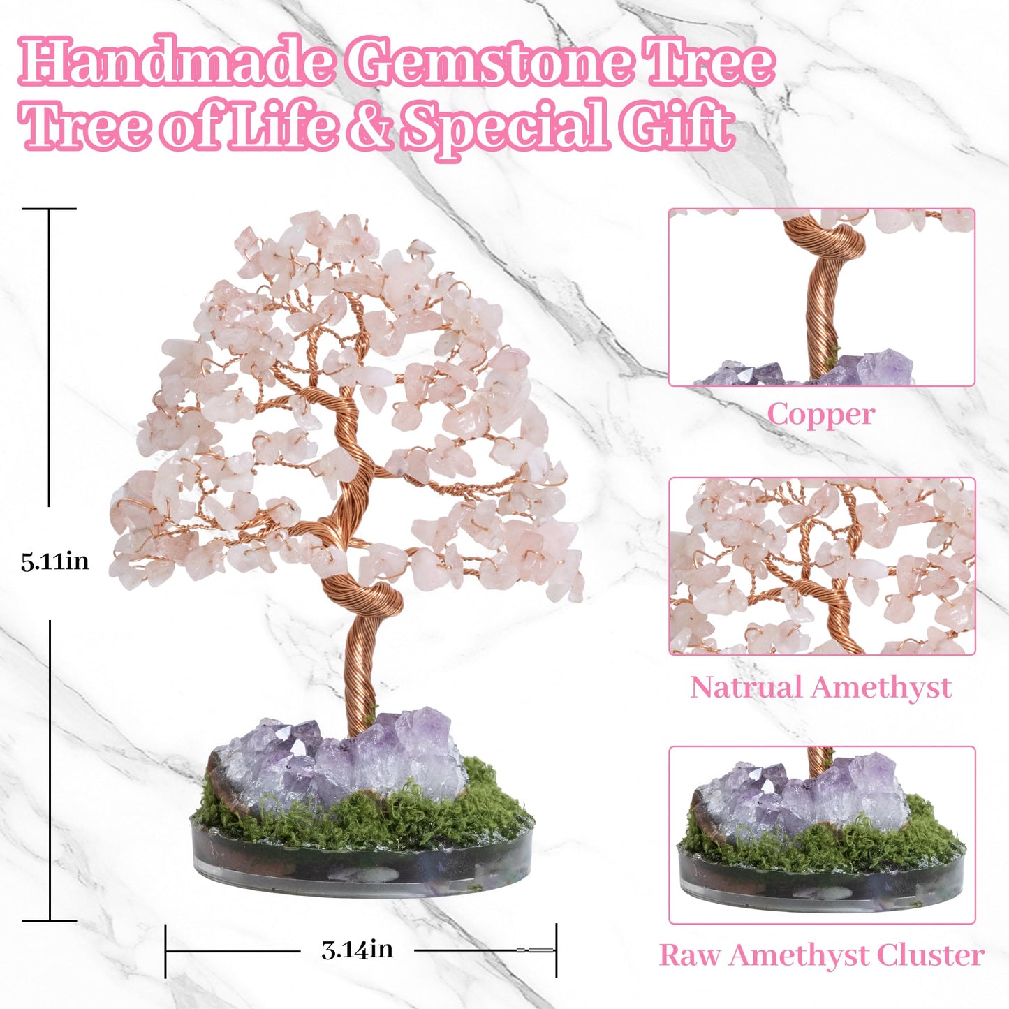 Dreamocean Rose Quartz Crystal Tree of Life Pink Crystal Tree Money Gemstone Bonsai Tree for Positive Energy, Money, Good Luck Feng Shui Spiritual Decor Birthday Gifts for Women （Pink）