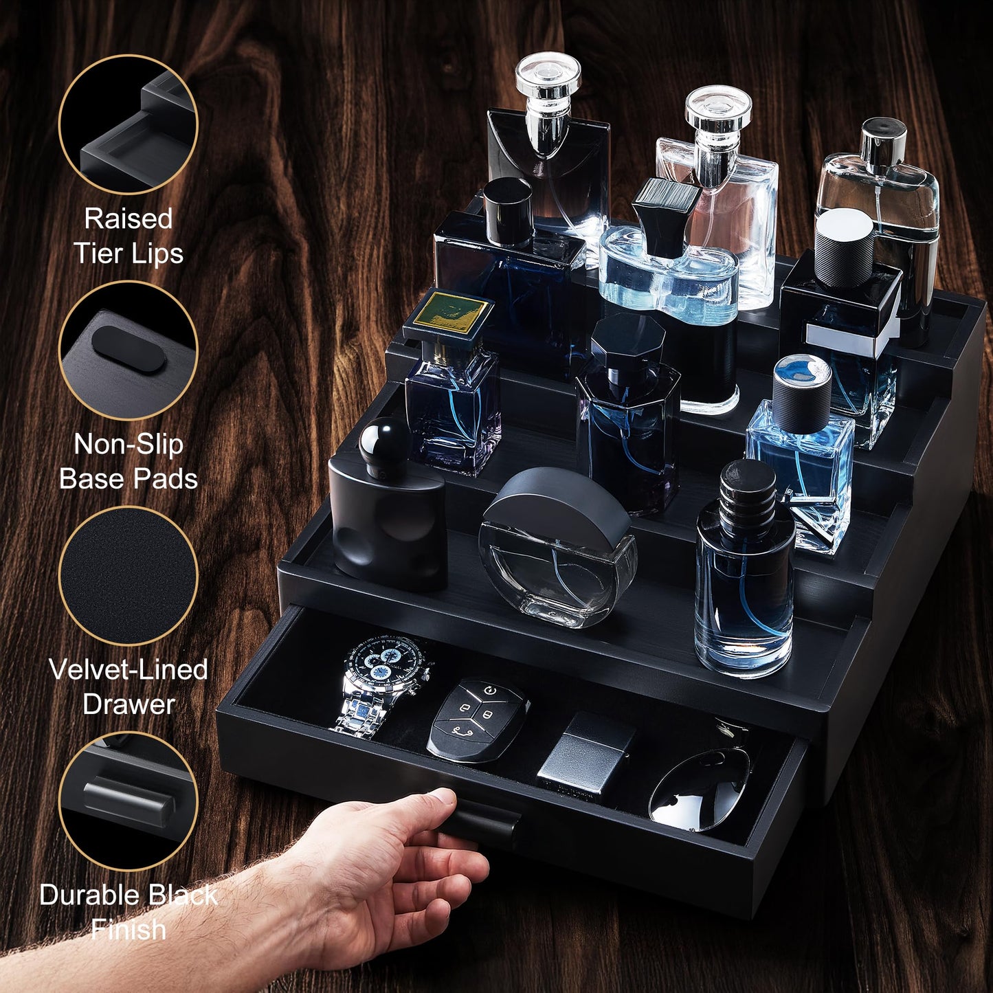 Swathmore Supply Co. Cologne Organizer for Men – 4 Tier Wooden Cologne Stand with Premium Velvet Drawer, Cologne Shelf, Perfume Fragrance Organizer & Display Holder for Dresser, Father's Day, Black