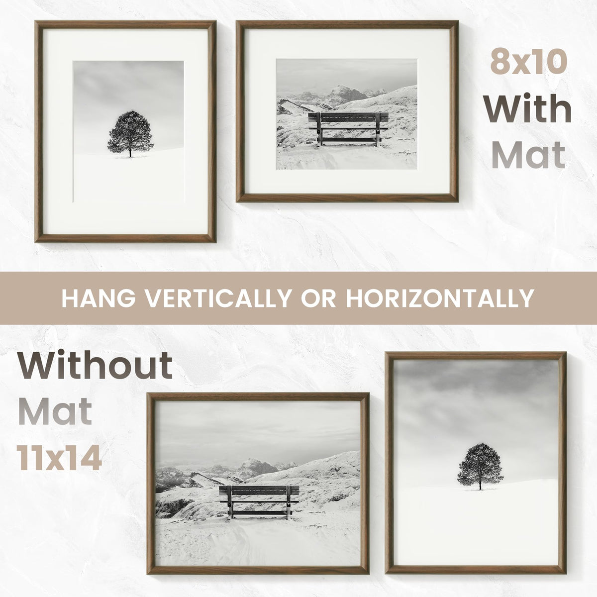 Venusmiles 11x14 Picture Frame, Natural Solid USA-Sourced Walnut Wood Photo Frames with HD Tempered Glass, Handcrafted Rounded Edge Wooden Frame Matted to 8x10, Gallery Wall Art Mount Display