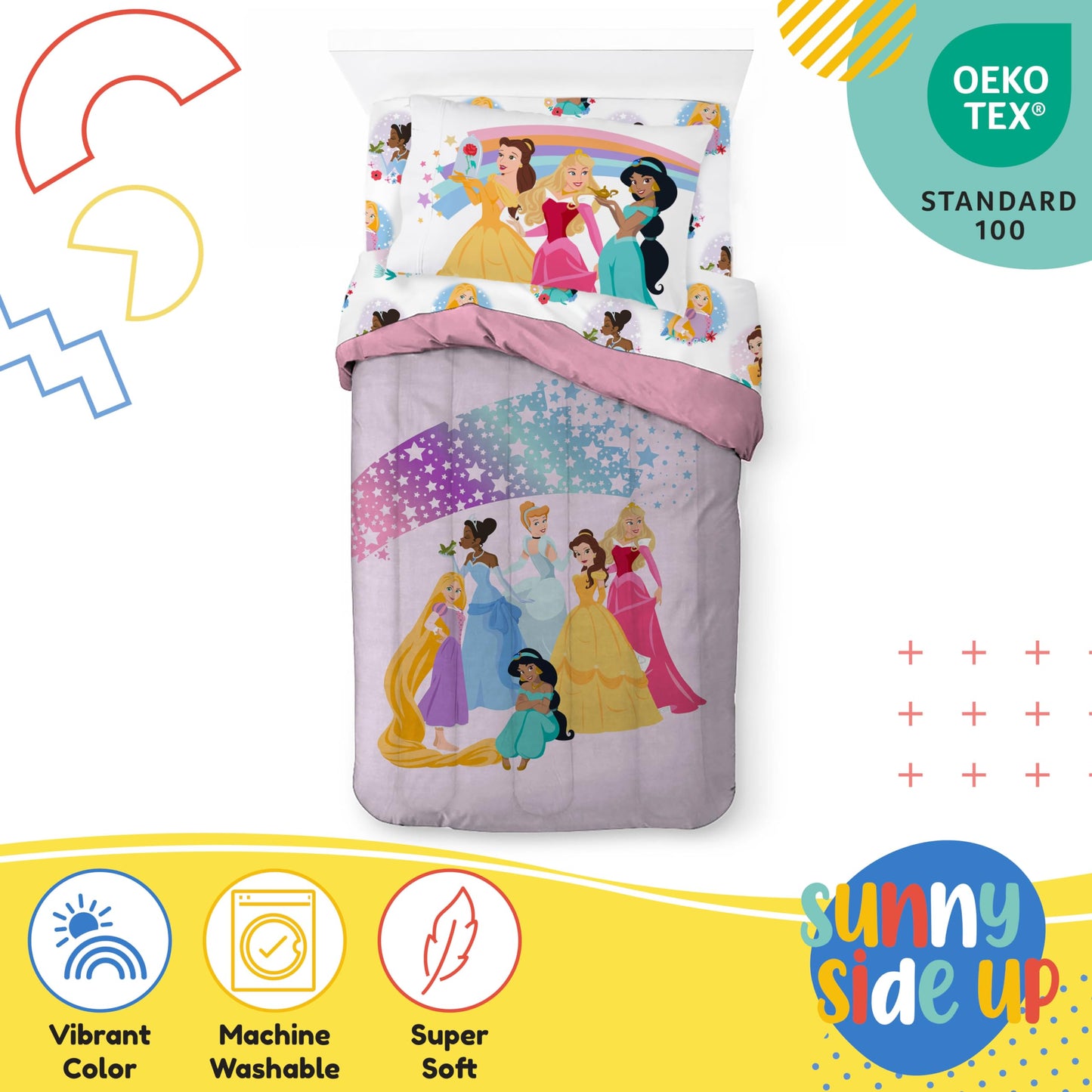 Disney Princess Twin Comforter Set - 5 Piece Kids Bedding Includes Comforter, Sheets & Pillow Cover - Super Soft Rainbow Stars Microfiber Bed Set